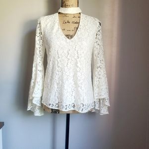 Wayf High Neck Collar Floral Lace Crochet Bell Sleeve Lined Blouse Top Sz XS